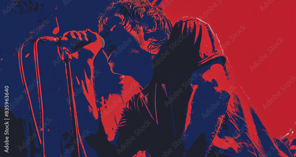 a man singing into a microphone on a stage with a red and blue background. a man singing into a microphone on a stage with a red and blue background.