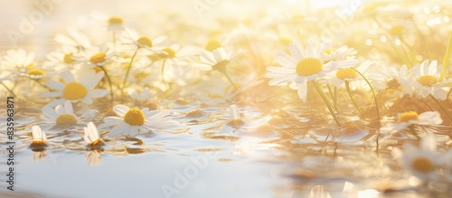 Chamomile petals in the sun. Creative banner. Copyspace image