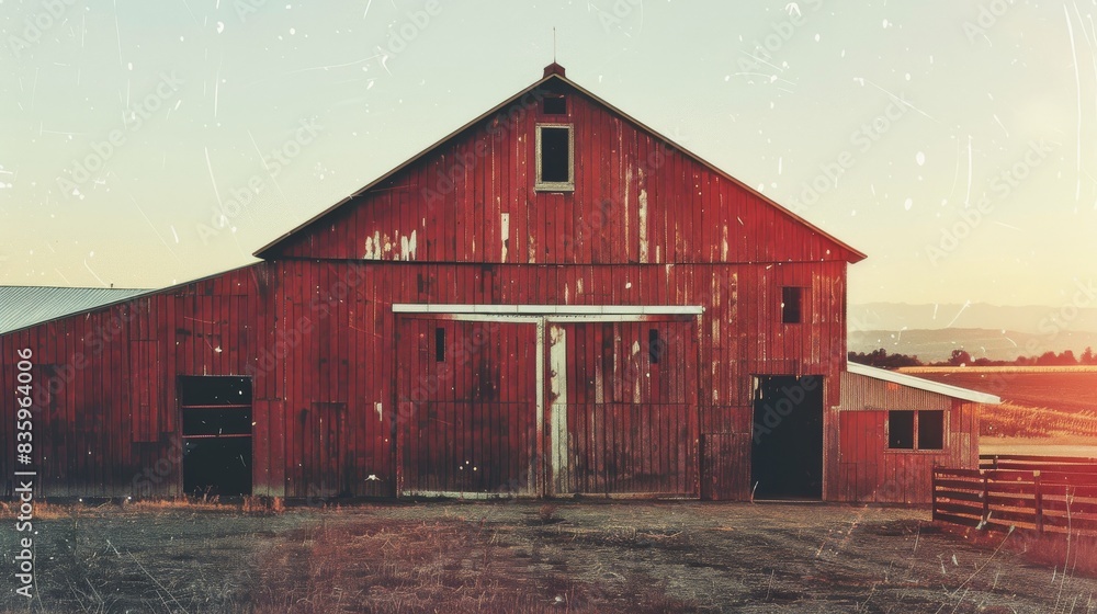 a red barn with a silo in the middle of a green field. There is a wooden fence in the foreground. a red barn with a silo in the middle of a green field. There is a wooden fence in the foreground.