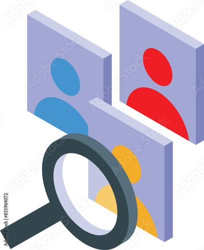 3d isometric illustration of user profiles and magnifying glass symbolizing audience analysis