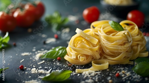 Fettuccine pasta  surrounded by fresh ingredients like basil and tomatoes on a dark background. emphasize the texture of the noodles in the style of fideucablands.