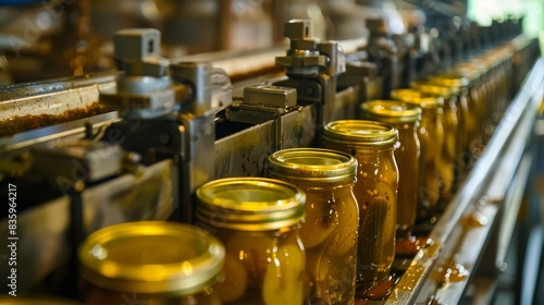 a conveyor belt filled with glass jars of pickles. moving through the labeling and packaging process