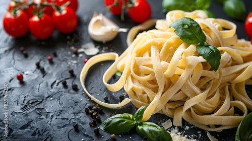 Fettuccine pasta  surrounded by fresh ingredients like basil and tomatoes on a dark background. emphasize the texture of the noodles in the style of fideucablands.