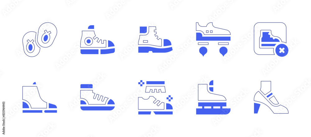Shoes icon set. Duotone style line stroke and bold. Vector illustration. Containing brush, boots, baby shoes, sneakers, high heels, no shoes, skating shoes, shoes, shoe, flying shoes.