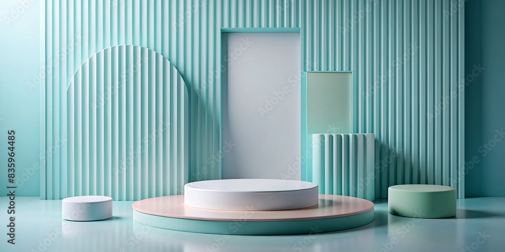 Calm and modern geometric shapes appear in a monochromatic blue-green color scheme. The cylindrical shapes, the raised platform and the arches are harmonious and are used for product presentation.AI Calm and modern geometric shapes appear in a monochromatic blue-green color scheme. The cylindrical shapes, the raised platform and the arches are harmonious and are used for product presentation.AI