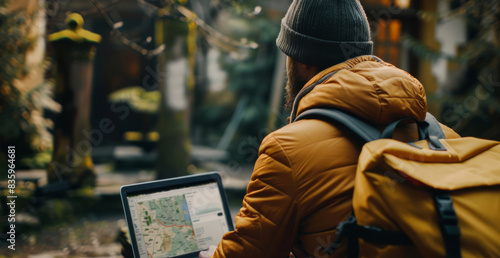 man using a tablet with a map application wearing a yellow jacket, standing outdoors photo