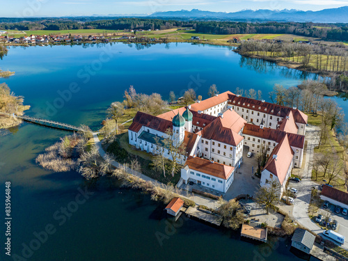 Aerial view, Seeon Monastery, Klostersee, Seeon-Seebruck, Chiemgau, aerial view, Upper Bavaria, Bavaria, Germany photo