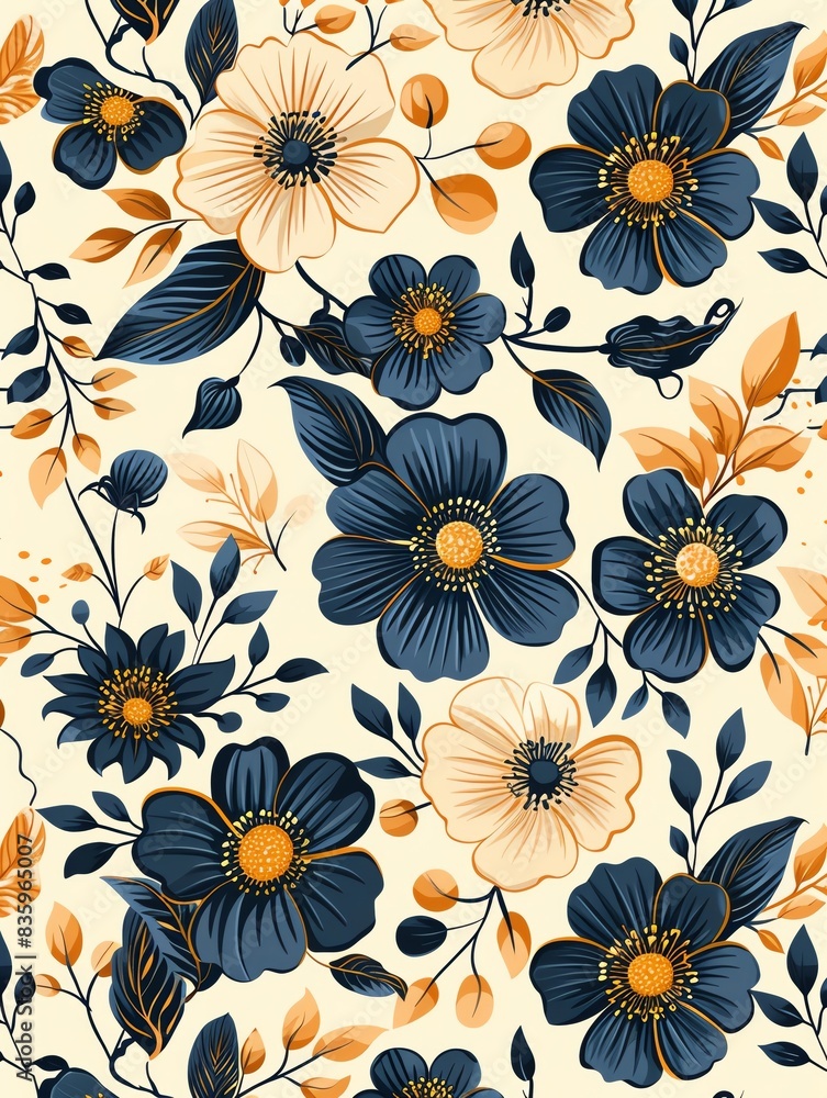 A seamless pattern of Han Blue and Harvest Gold flowers, leaves and vines on a Mint Cream background, as a flat vector illustration drawn in the style of hand drawing, simple yet e A seamless pattern of Han Blue and Harvest Gold flowers, leaves and vines on a Mint Cream background, as a flat vector illustration drawn in the style of hand drawing, simple yet e