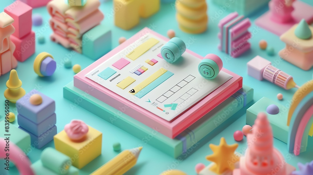 A whimsical 3D illustration in soft pastel shades features a document icon with checklists marked correct and wrong, with a chart A whimsical 3D illustration in soft pastel shades features a document icon with checklists marked correct and wrong, with a chart