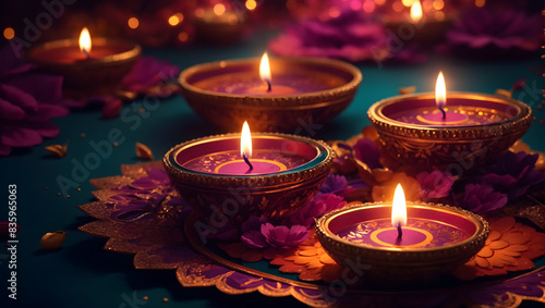 Diwali background design with diya lamp featuring a unique combination of bold shapes and patterns