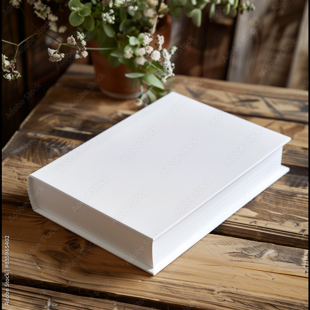 Fototapeta premium stock of book mockup, A beautifully designed white packaging mockup book, placed on a wooden table, front view