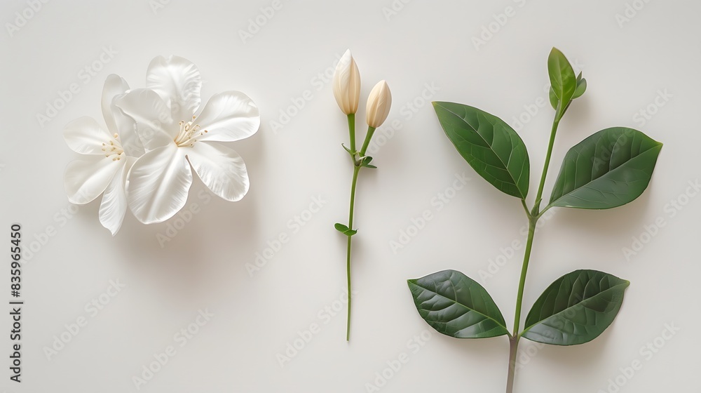 A jasmine flower on a white background in a flat lay style with space for text or design. white azalea flower with a long stem.
