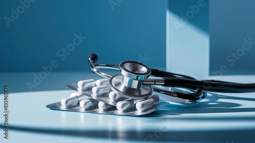 A medical stethoscope and blister packs of pills on a blue background