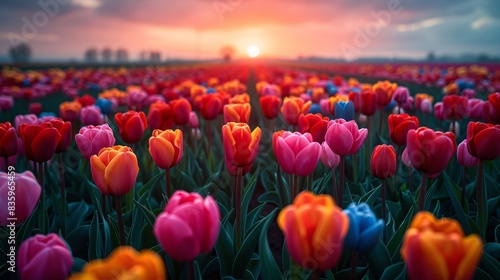 A vibrant and quintessential Dutch tulip field in the bulb region close to a Danish village. photo