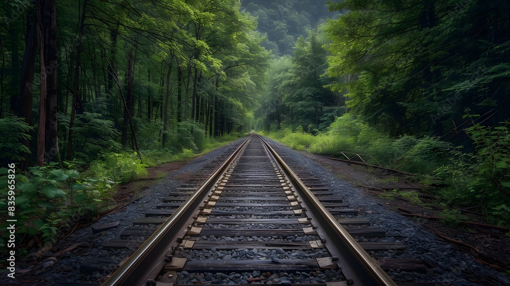 Obraz premium Railway tracks in a forest, with green trees on both sides. The photograph is in the style of railway tracks in a forest.