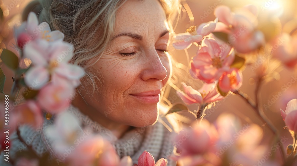 Fototapeta premium A woman happily pollinates apple blossoms using a brush, basking in the warm sunlight.