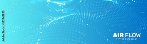 Blue Air Flow Particles. Healthcare Abstract Background. Flowing Light Dots with Depth of Field Effect. Fresh Air Concept. Healthcare or Science Banner Backdrop. Vector illustration.