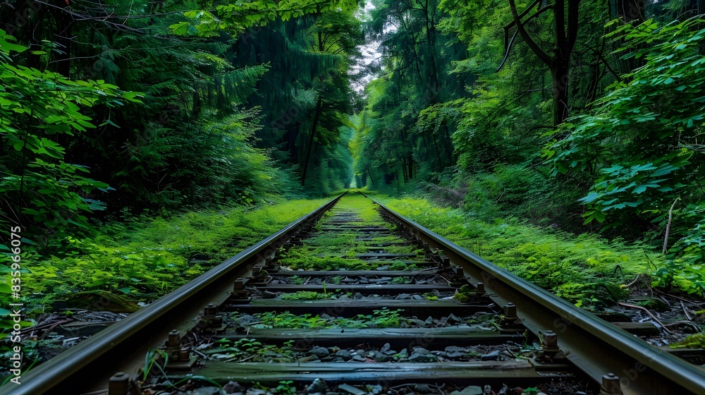 Fototapeta premium Railway tracks in a forest, with green trees on both sides. The photograph is in the style of railway tracks in a forest.