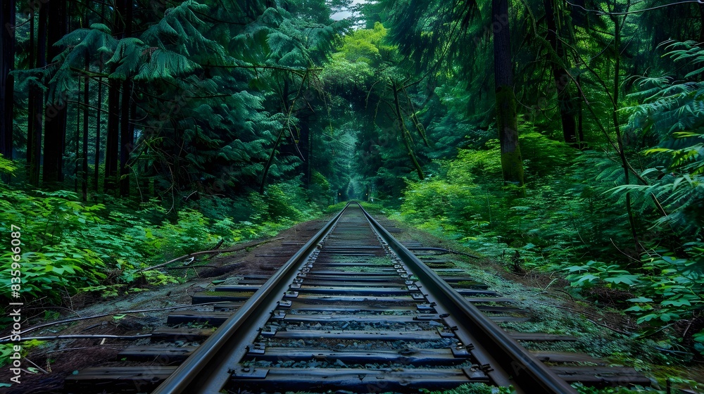 Railway tracks in a forest, with green trees on both sides. The photograph is in the style of railway tracks in a forest. Railway tracks in a forest, with green trees on both sides. The photograph is in the style of railway tracks in a forest.
