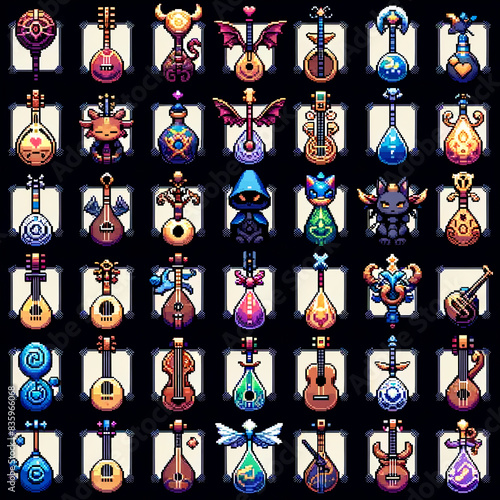 Sprite sheet featuring pixel art magical lutes for RPG photo