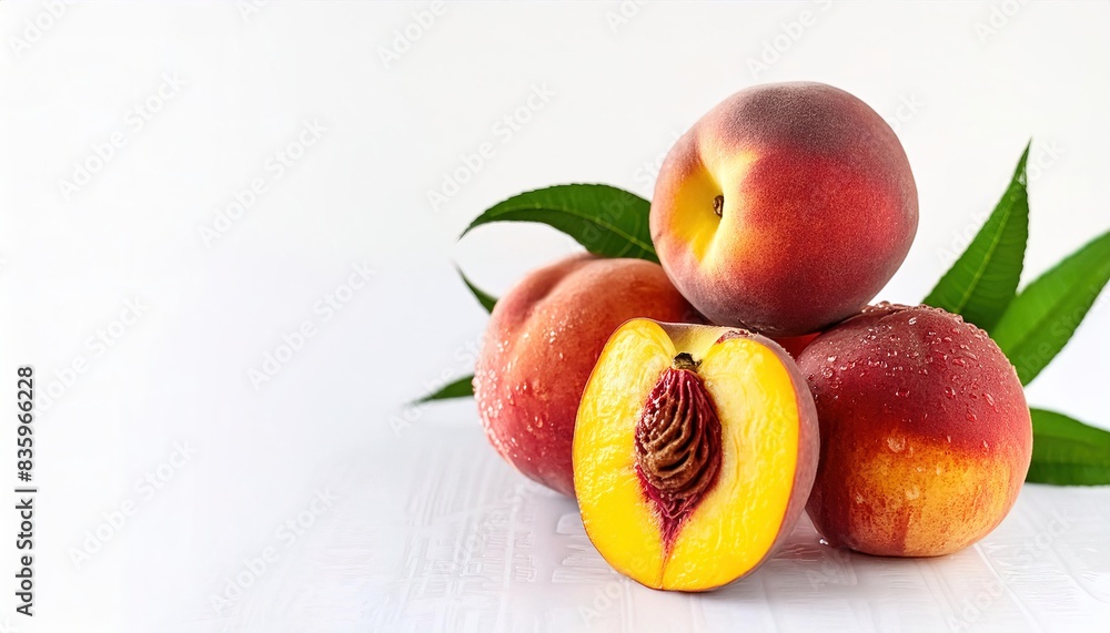 peach - Prunus persica - is a deciduous tree whos fruit was first domesticated and cultivated in China. Similar to a nectarine but with a fuzzy furry skin. Isolated on white background with copy space peach - Prunus persica - is a deciduous tree whos fruit was first domesticated and cultivated in China. Similar to a nectarine but with a fuzzy furry skin. Isolated on white background with copy space