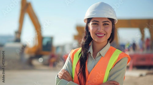 Central Asian Female Engineer in Safety Gear Smiling at Construction Site, Symbolizing Diversity in the Engineering Profession photo