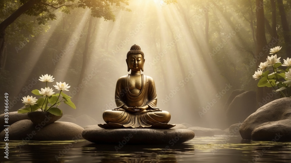 serene and profound beauty of Buddhism, emphasizing its principles of peace, mindfulness, and enlightenment. The scene should be set in a tranquil, natural environment, such as a lush forest or a sere serene and profound beauty of Buddhism, emphasizing its principles of peace, mindfulness, and enlightenment. The scene should be set in a tranquil, natural environment, such as a lush forest or a sere