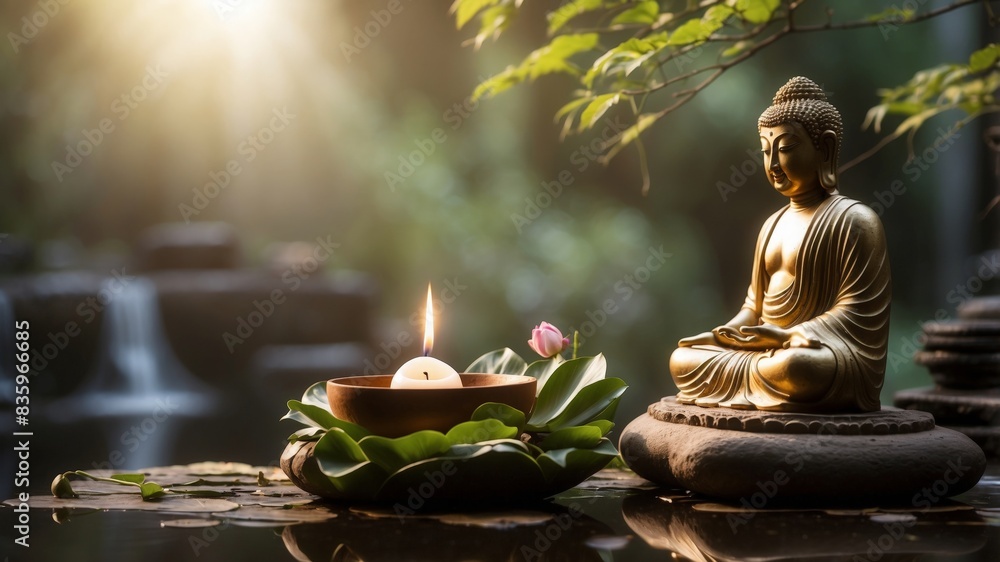 serene and profound beauty of Buddhism, emphasizing its principles of peace, mindfulness, and enlightenment. The scene should be set in a tranquil, natural environment, such as a lush forest or a sere serene and profound beauty of Buddhism, emphasizing its principles of peace, mindfulness, and enlightenment. The scene should be set in a tranquil, natural environment, such as a lush forest or a sere
