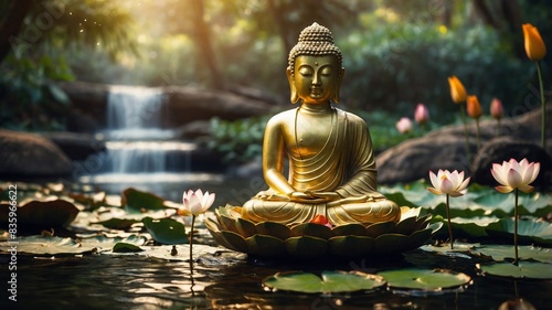 serene and profound beauty of Buddhism, emphasizing its principles of peace, mindfulness, and enlightenment. The scene should be set in a tranquil, natural environment, such as a lush forest or a sere
