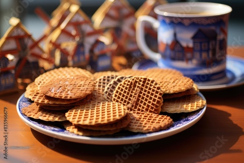 Dutch stroopwafels on a windmill-themed table in a charming Netherlands village.