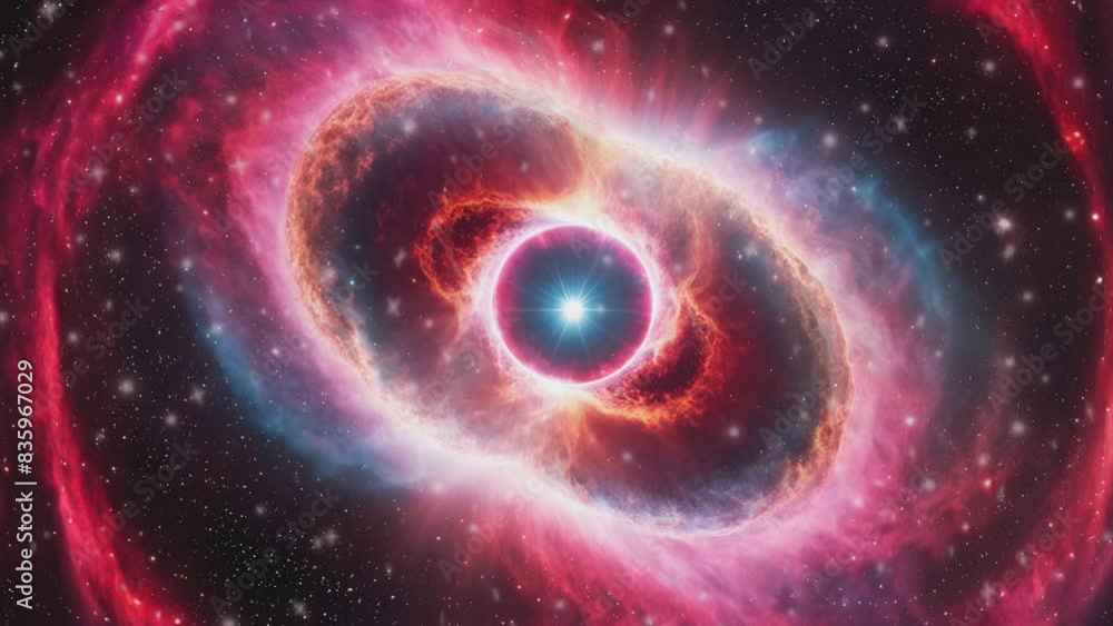 Outer space animation Red Pink Space flight to Helix nebula eye of God in Deep Space. Flying star field in to flare light at center. Universe Space Loop background. Dust particles Clouds.