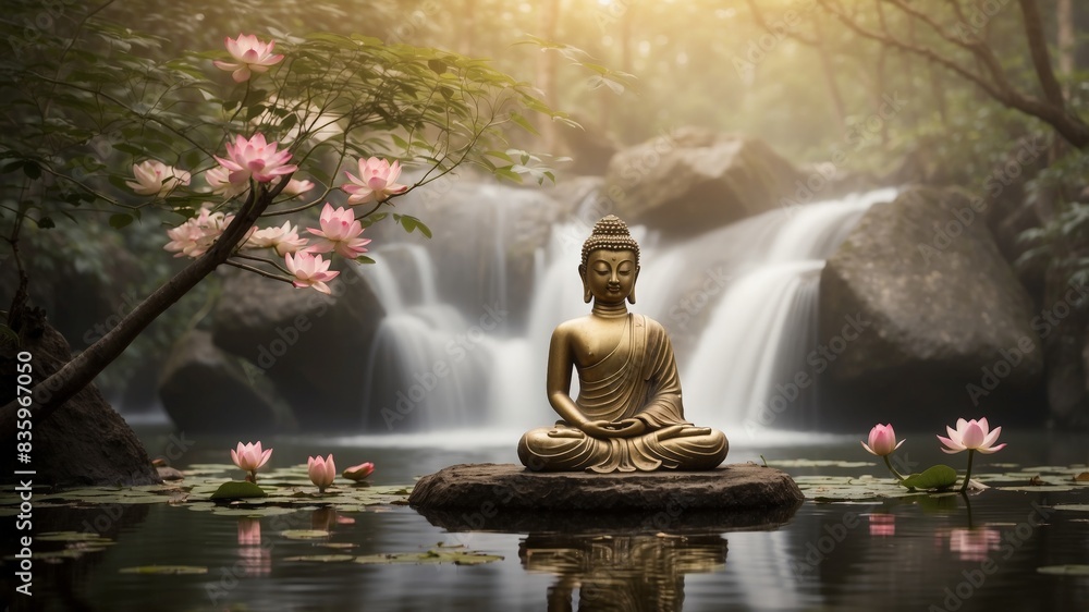 serene and profound beauty of Buddhism, emphasizing its principles of peace, mindfulness, and enlightenment. The scene should be set in a tranquil, natural environment, such as a lush forest or a sere serene and profound beauty of Buddhism, emphasizing its principles of peace, mindfulness, and enlightenment. The scene should be set in a tranquil, natural environment, such as a lush forest or a sere