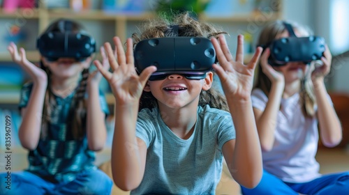 Photorealistic editorial photograph of kids using VR technology, portraying their fascination and engagement photo