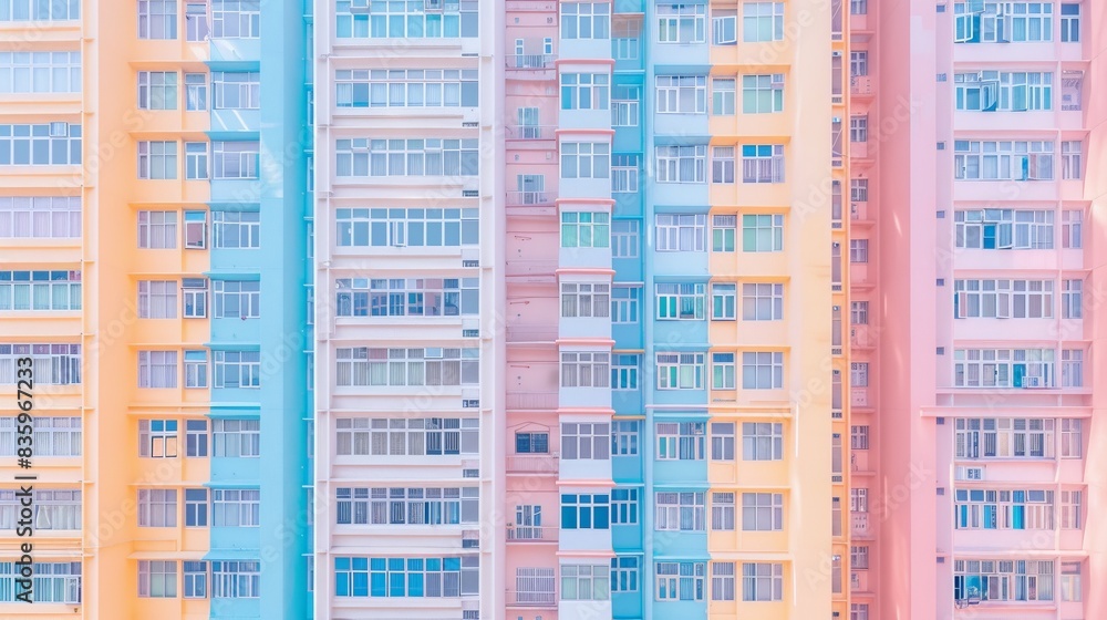 Photorealistic image capturing the symmetrical vertical patterns of urban apartment buildings, with detailed rows and columns in pastel hues Photorealistic image capturing the symmetrical vertical patterns of urban apartment buildings, with detailed rows and columns in pastel hues
