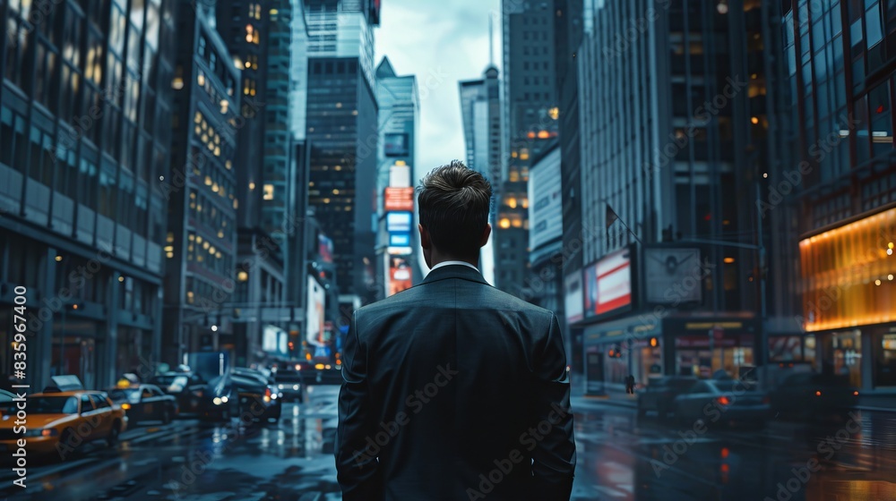 High angle photorealistic photo of a businessman in a cityscape, highlighting the urban background and detailed view