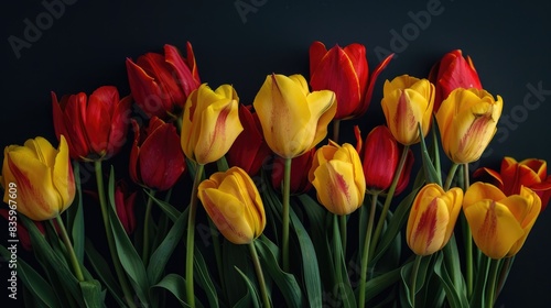 Red and yellow tulips closely gathered on a dark backdrop for a festive bouquet on a spring themed postcard or calendar