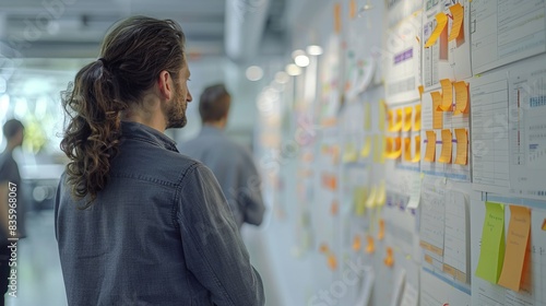 Detailed office environment featuring an organized Kanban wall, capturing productivity photo