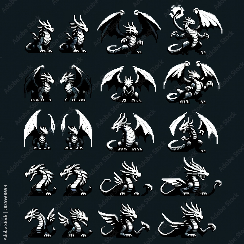 A sprite sheet featuring pixel art icons of a dragon for an RPG A sprite sheet featuring pixel art icons of a dragon for an RPG