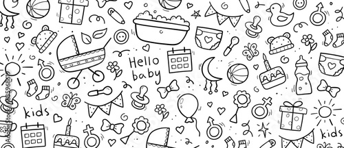 Hand drawn horizontal background of baby objects and elements. Simple wallpaper template design. Vector illustration.