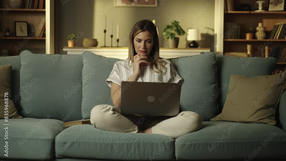 Slow-motion video of a beautiful young woman working with her laptop while sitting on couch at home Slow-motion video of a beautiful young woman working with her laptop while sitting on couch at home