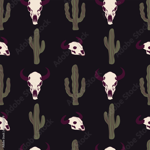 Wild west dark ornament. Vector seamless pattern with buffalo skulls and cacti.