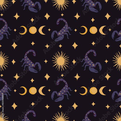 Vector seamless pattern with scorpio and stars on a dark background. Endless pattern with hand-drawn astrological elements.