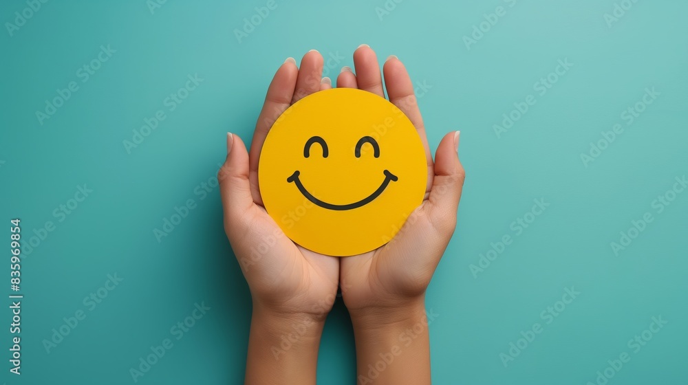 Woman's hands holding a smiley face paper cut on a blue background. Positive and happy concept. Girl's hand holding a round paper in the shape of a happy face on a blue wall. Top view. Woman's hands holding a smiley face paper cut on a blue background. Positive and happy concept. Girl's hand holding a round paper in the shape of a happy face on a blue wall. Top view.