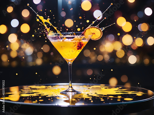 delicious San Francisco cocktail, resting on a glass table, with abstract bokeh background of multi  colored lights,