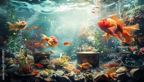 The beauty of the underwater world. A group of goldfish swim gracefully through a colorful coral reef. photo