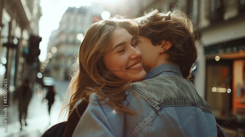 beautiful young couple embracing and smiling while walking, couple in love having fun in the city beautiful young couple embracing and smiling while walking, couple in love having fun in the city