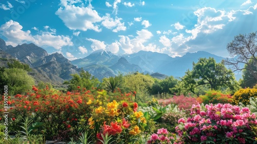 Scenic mountains and blooming flowers in the garden