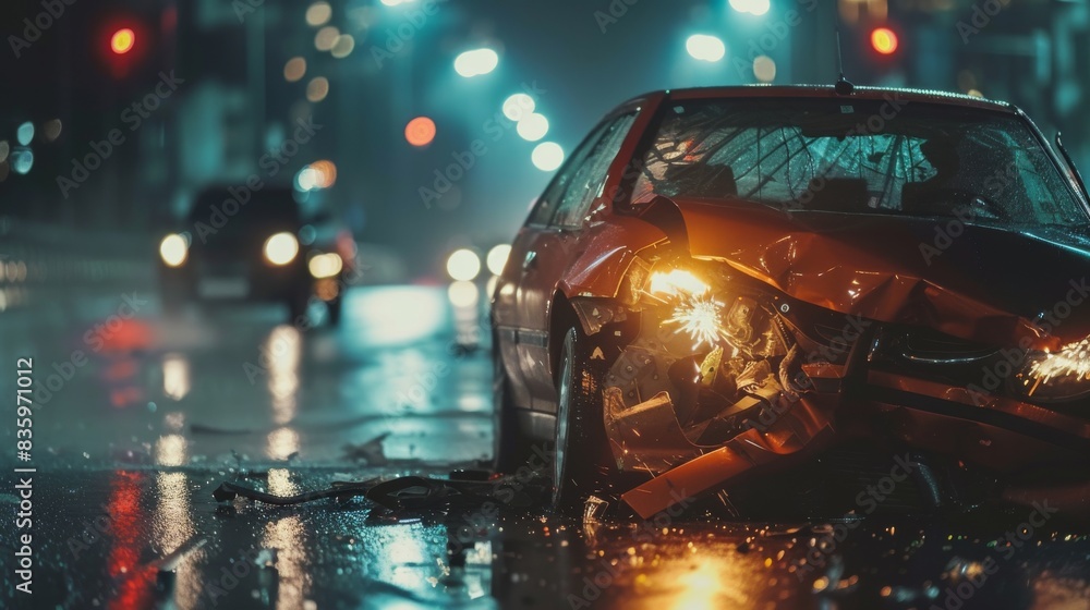 Fototapeta premium Avoiding Accidents While Driving at Night. Damaged vehicles on a dark road with emergency lights flashing.