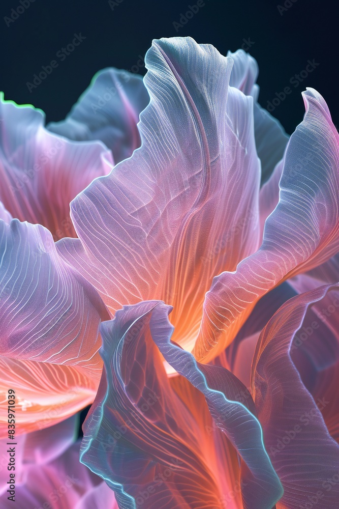 Obraz premium Luminous Tulip Veins: Intricate patterns of tulip petals in extreme close-up traced by electric wavy lights.