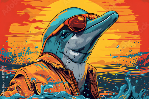 Cool Dolphin in Sunglasses and Jacket with Sunset Background..